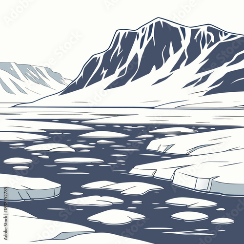 Arctic coastline with icebergs and snowcapped mountains