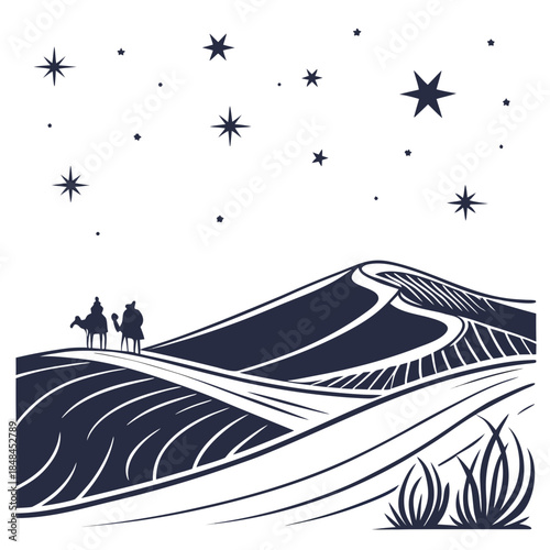 Desert ridge under starry night sky with two people and camel