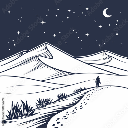 Desert ridge under starry night sky with a person walking