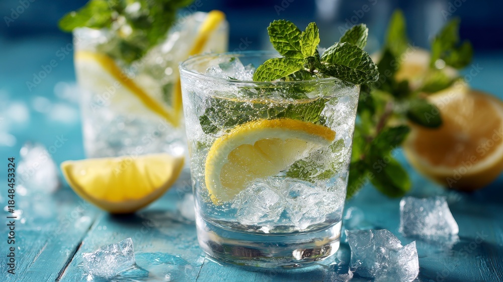 Fototapeta premium Refreshing beverage with lemon wedges, mint sprigs, ice cubes, and a half-cut lemon on a blue wooden surface