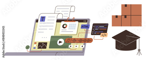 Laptop displaying coding, media, and analytics tools alongside shipping boxes and graduation cap. Ideal for e-learning, coding, shipping, analytics, document management media and education. Simple