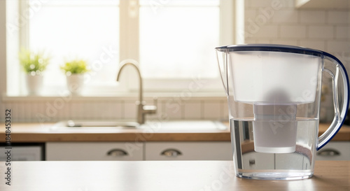 Water filter pitcher on a wooden kitchen counter in a bright home. Clean drinking water purification for a healthy lifestyle concept