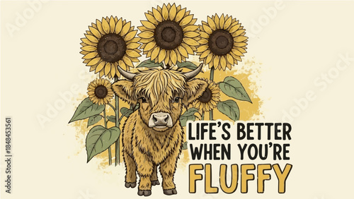 Cute fluffy Highland cow standing among sunflowers with "Life's Better When You're Fluffy" quote