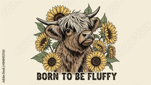 Cute Highland cow portrait surrounded by sunflowers with "Born to Be Fluffy" typography quote vector illustration