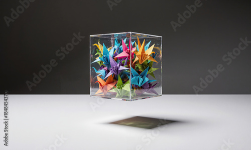 An enormous transparent cube filled with colorful paper cranes, suspended in midair over a blank white plain, symbolizing dreams, wishes
