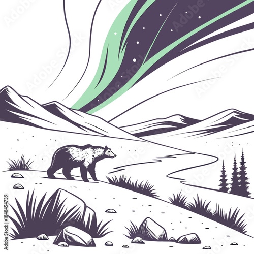 Arctic tundra landscape with bear and northern lights 1