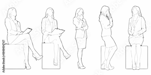 Line art illustration of five women in business attire in various poses