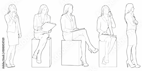 Line art illustration of five women in business attire showcasing diverse poses