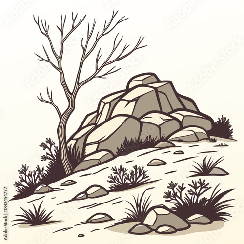 Rocky desert landscape with shrubs and bare tree rocky plateau