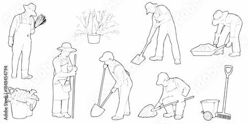 Line art illustration of gardeners and gardening tools in various poses