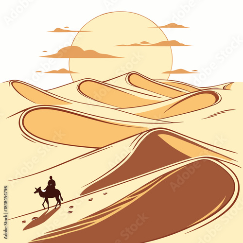 Desert dunes under golden sunset with camel rider