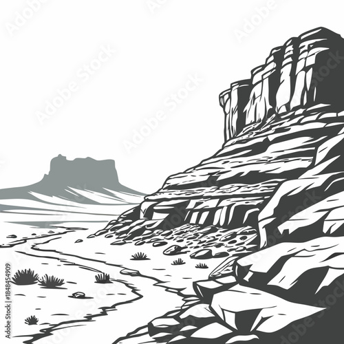 Rocky desert plateau with layered cliffs and sparse vegetation