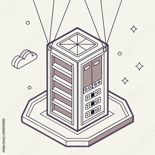 Isometric server tower floating on hexagonal platform with cloud