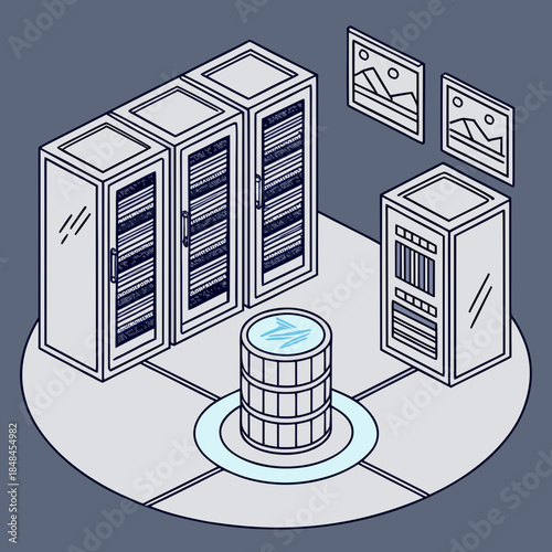 Servers arranged in circular formation around glowing cylinder