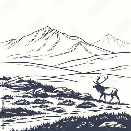 Arctic tundra landscape with mountain ridge and elk