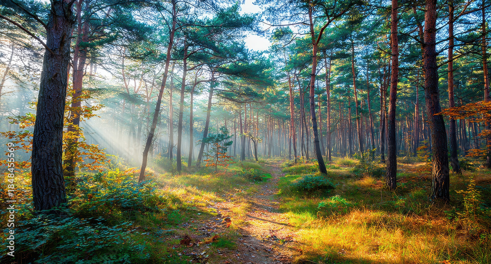 Fototapeta premium Sunlit Forest Pathway with Dense Foliage and Atmospheric Rays