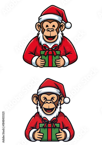 Cartoon monkey wearing santa claus outfit holding christmas gift