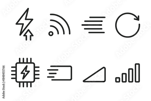 Digital Speed Icons. Digital Speed linear set: lightning upload arrow, fast connection waves, data streak, quick load ring, rapid sync icon, turbo processor node, instant response