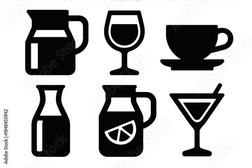 Bold Beverage Icons. Beverage Serving Set silhouette set: pitcher, wine glass, tea cup, water carafe, juice jar, cocktail glass.