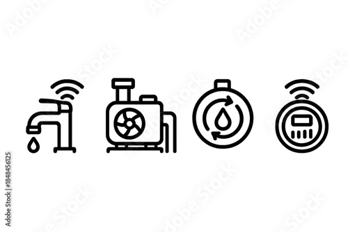Smart Hydration Icons. Smart Hydration Infrastructure linear set: sensor-guided tap, optimized pump unit, water-cycle gauge.
