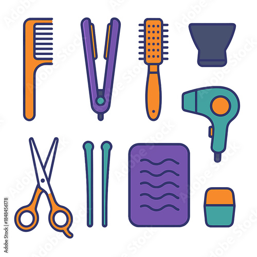 Modern Hair Toolkit Icons. Professional hair toolkit flat set: sculpting comb, straightening iron, volumizing brush, nozzle attachment, cutting shears, curl pins, heat mat,