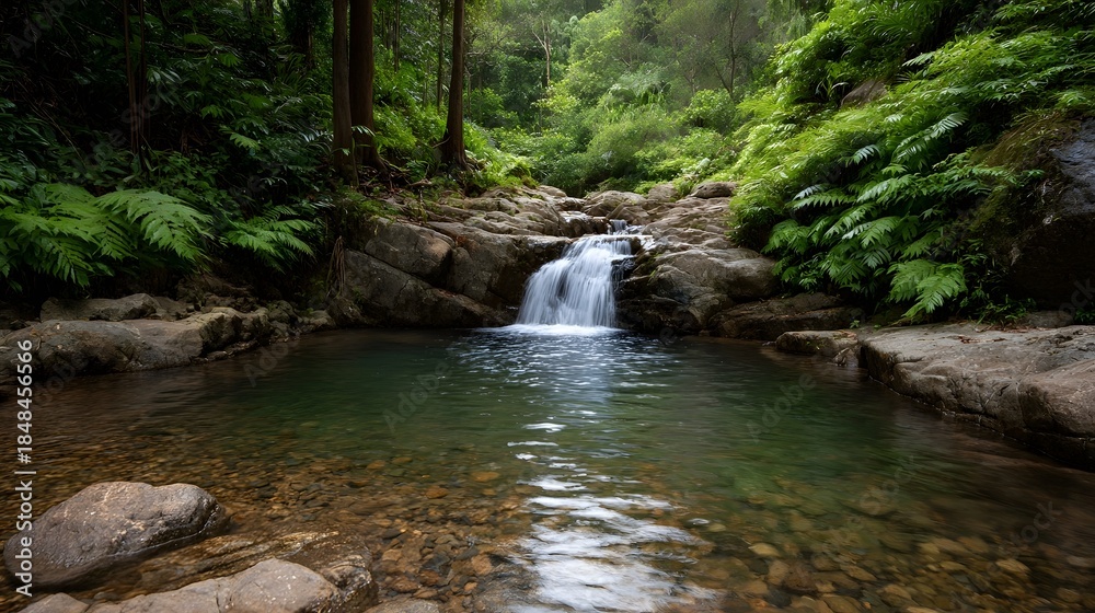 Fototapeta premium Lush jungle waterfall cascading into a clear pool surrounded by dense greenery
