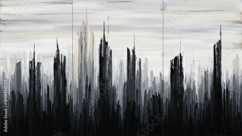 Abstract expressionist painting featuring dark and light vertical brushstrokes