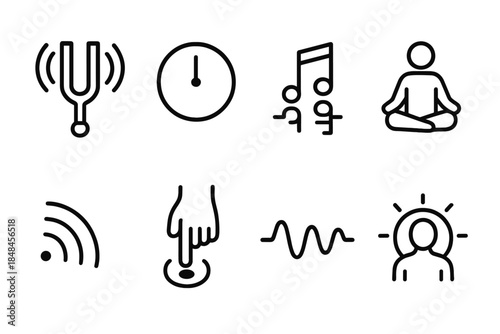 Mindful Music Icons. Music for Presence Set linear set: tuning fork, steady beat circle, reflective notes, centered posture figure, serene sound field, mindful tap, soothing rhythm