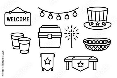 Independence Day Icons. Independence Day event setup linear set: welcome sign, string lights, cooler chest, festive hat, reusable cups, firework sparkle, table runner, serving
