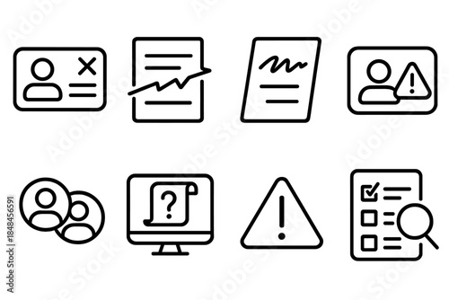 Fraud Detection Icons. Fraud Alert Elements linear set: mismatched info card, document scratch mark, inconsistent handwriting, account anomaly alert, repeated profile token, odd