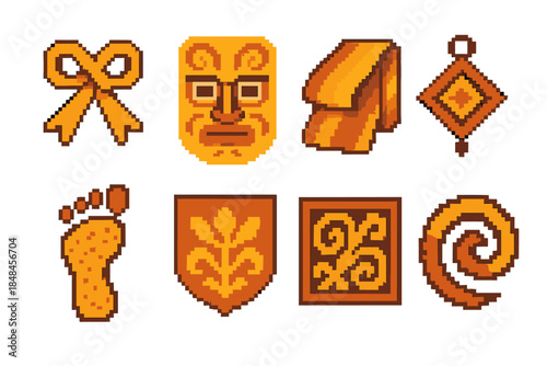 Tradition Icons. Tradition in Motion pixel style set: ceremonial ribbon shape, stylized mask, textured textile fold, crafted amulet, rhythmic step mark, symbolic crest, carved