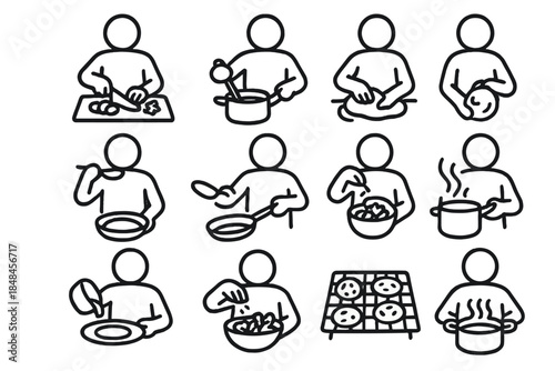 Home Cooking Icons. Home Cooking Activities linear set: chopping veggies, stirring pot, kneading dough, tasting spoon, flipping pancake, setting timer, pouring batter, sprinkling