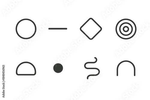 Minimalist Icon Design. Intentional simplicity linear set: clean circle icon, minimal line bar, open space tile, calm ripple, balanced shape, gentle arc, clarity dot, simple