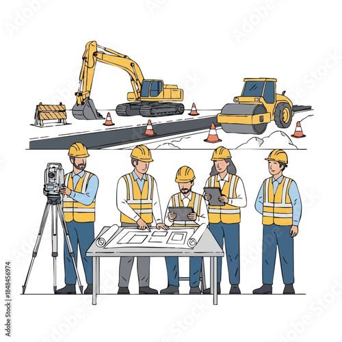 Construction site team planning road construction.