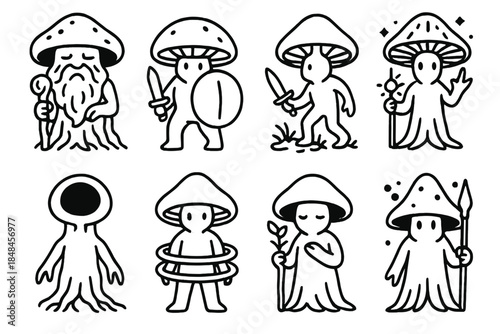 Mycelium Guardian Icons. Mycelium guardian set linear set: spore-wisdom elder, shield-cap warrior, moss-step scout, radiant gill mage, hollow-stem watcher, ring-path protector,