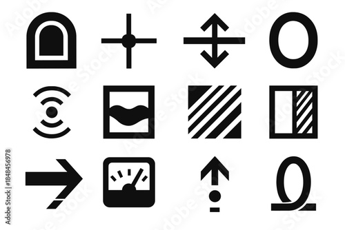 Dimensional Transition Icons. Dimensional Transition Themes silhouette set: portal gateway tile, spatial shift node, plane-cross bar, warp ring, continuum cue dot, boundary flux