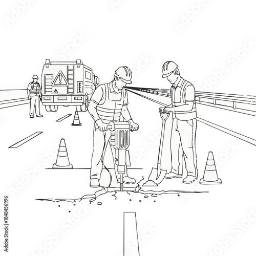 road workers drilling pavement with jackhammer and truck.