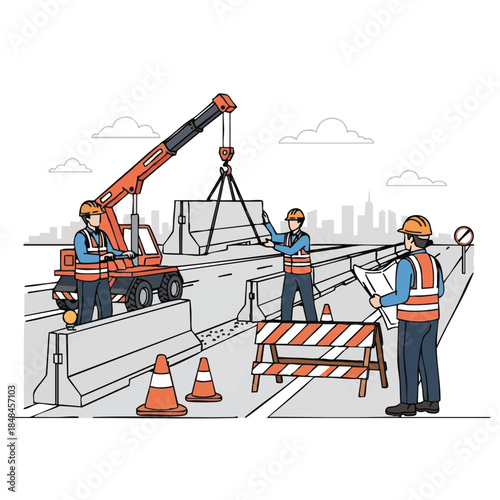 Construction workers lifting concrete slab with crane on highway.