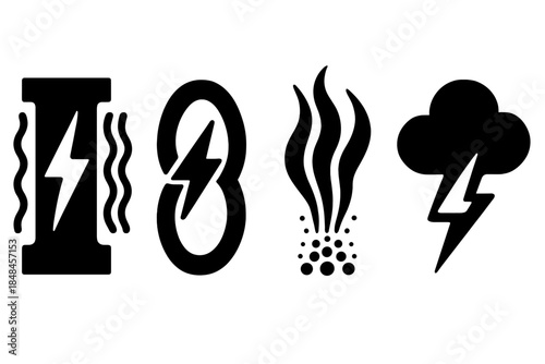 Brutalist Electro Icons. Electro-Atmospheric Displays silhouette set: spark-wave column, electric drift loop, ion shimmer plume.