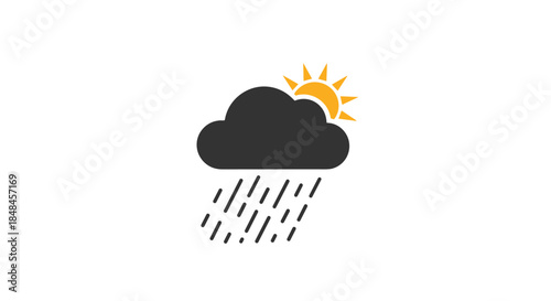 Simple and clean weather forecast icon depicting a dark cloud with rain falling from it, while a bright yellow sun peeks out from behind, indicating a sun shower or partly cloudy with rain.