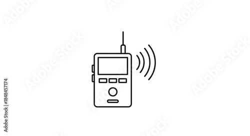 Minimalist black and white line icon of a walkie-talkie or two-way radio emitting a signal, representing communication, transmission, and wireless technology, isolated on a white background.