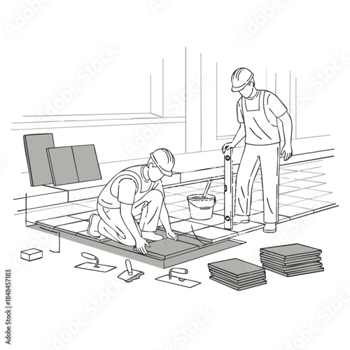 Workers laying tiles on floor construction site renovation.