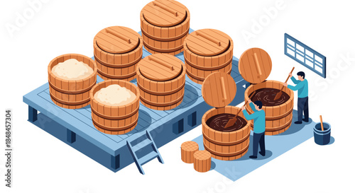 Isometric illustration of a traditional soy sauce or miso fermentation factory, with workers stirring the mixture in large wooden barrels, depicting the artisanal food production process.