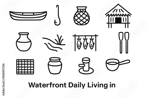 Lakeside Icon Collection. Waterfront Daily Living linear set: wooden canoe, fishing line, reed basket, lakeside hut, clay water pot, shallow shore path, drying fish rack, paddle