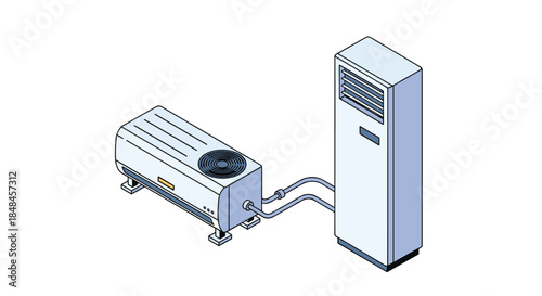 Isometric vector illustration of a commercial or industrial floor-standing air conditioning unit connected to its corresponding outdoor condenser unit, showing the complete HVAC system setup.