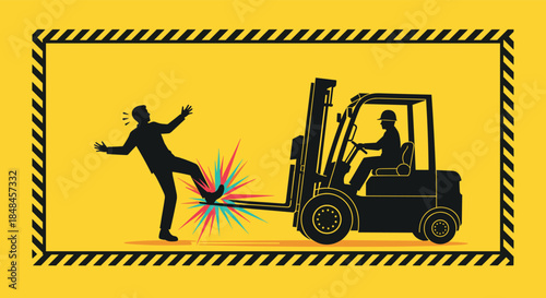 Workplace safety illustration depicting a forklift accident, with a worker's leg being hit by the vehicle's forks, enclosed in a yellow and black hazard border to warn of potential dangers.