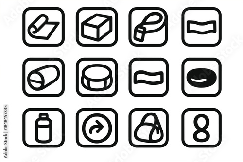 Brutalist Yoga Icons. Yoga Session Gear silhouette set: exercise mat tile, block support node, strap bar, bolster ring, meditation pillow patch, band stripe, water bottle panel,