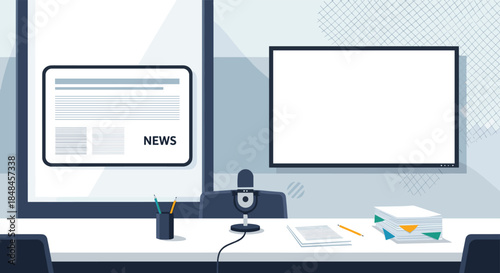 Modern illustration of a news anchor or podcast host's desk setup, featuring a professional microphone, papers, a blank screen for content, and a news graphic in the background.