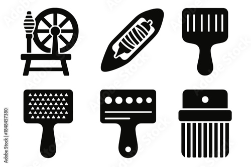 Brutalist Craft Icon Set. Heritage Craft Tools silhouette set: spindle wheel, weaving shuttle, hand loom beater, wool carder, thread gauge, pattern comb.