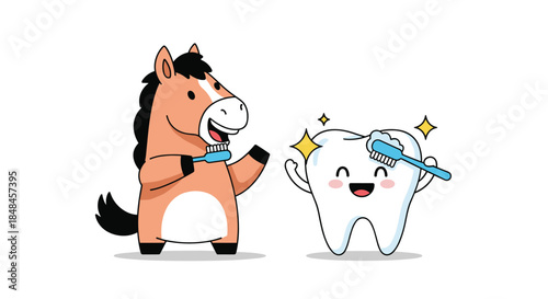 Cute cartoon characters promoting dental health, featuring a happy horse brushing its teeth and a cheerful, sparkling white tooth brushing itself with a toothbrush, isolated on a white background.